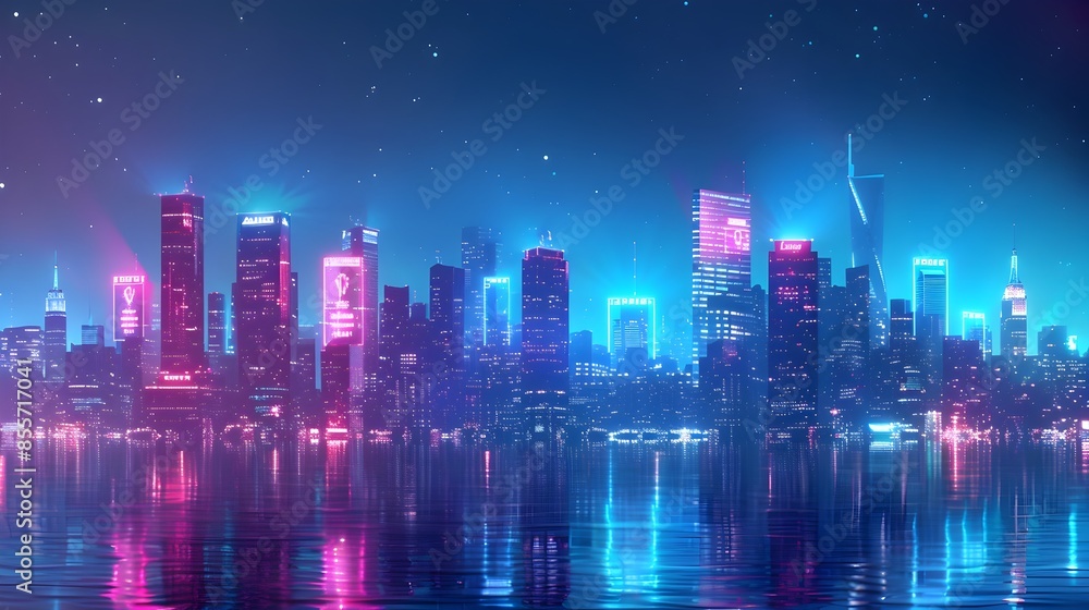 Fototapeta premium Futuristic Skyline with Illuminated Holographic Advertisements Lights Up the Night City