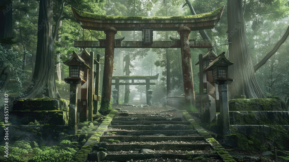 Japanese Shrine in a foggy forest. 3D Rendering. Japanese Shrine in a foggy forest. 3D Rendering.