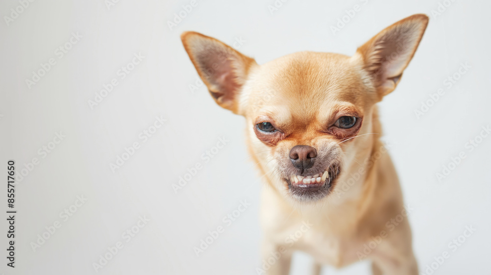 Chihuahua baring teeth with aggressive expression. Small dog showing defensive behavior against plain background Chihuahua baring teeth with aggressive expression. Small dog showing defensive behavior against plain background