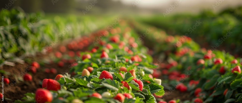 Ripe unripe strawberries growing in rows in field, summer growth plant organic Ripe unripe strawberries growing in rows in field, summer growth plant organic