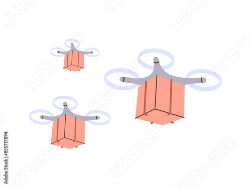 Drone delivery, box delivery by drone, unmanned dopter delivering cardboard box, cardboard parcel, unmanned transportation service, automated aerial robots, courier flying flat vector illustration.

