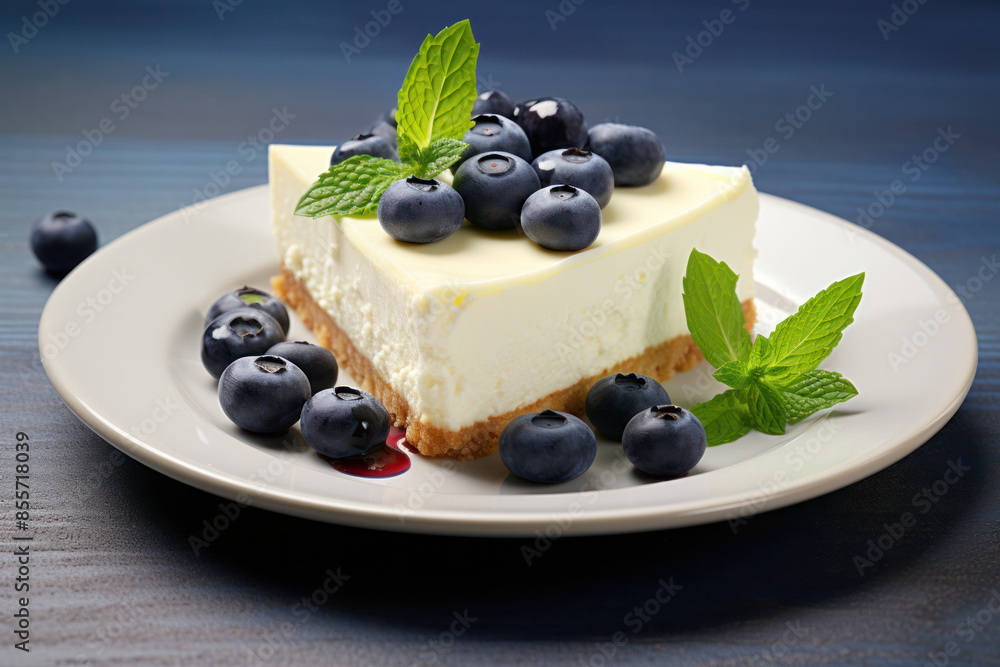 A slice of cheesecake topped with blueberries and fresh mint sits on a white plate A slice of cheesecake topped with blueberries and fresh mint sits on a white plate