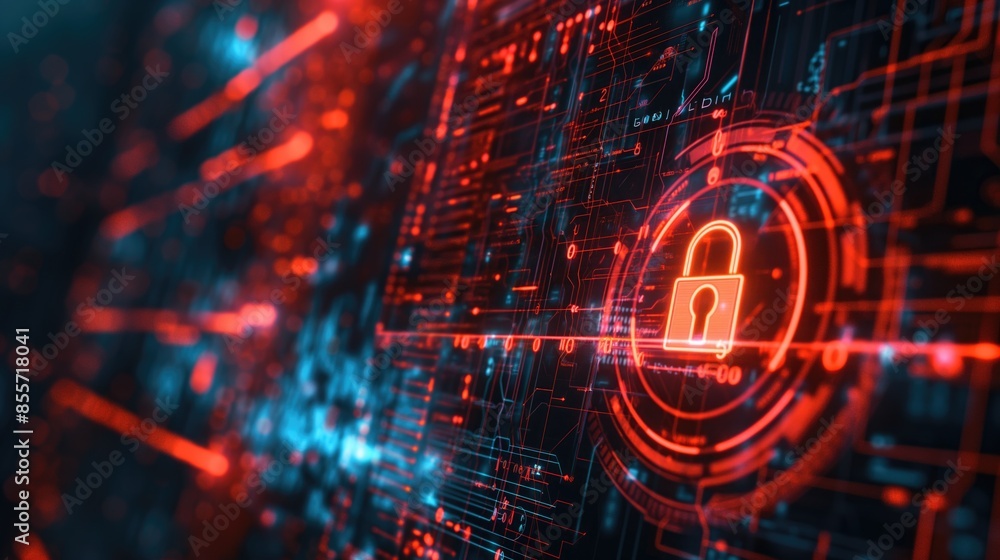 Red and blue neon lock icon on digital circuit board background, illustrating cyber security and data protection concepts. Technology, digital security and IT infrastructure concept Red and blue neon lock icon on digital circuit board background, illustrating cyber security and data protection concepts. Technology, digital security and IT infrastructure concept