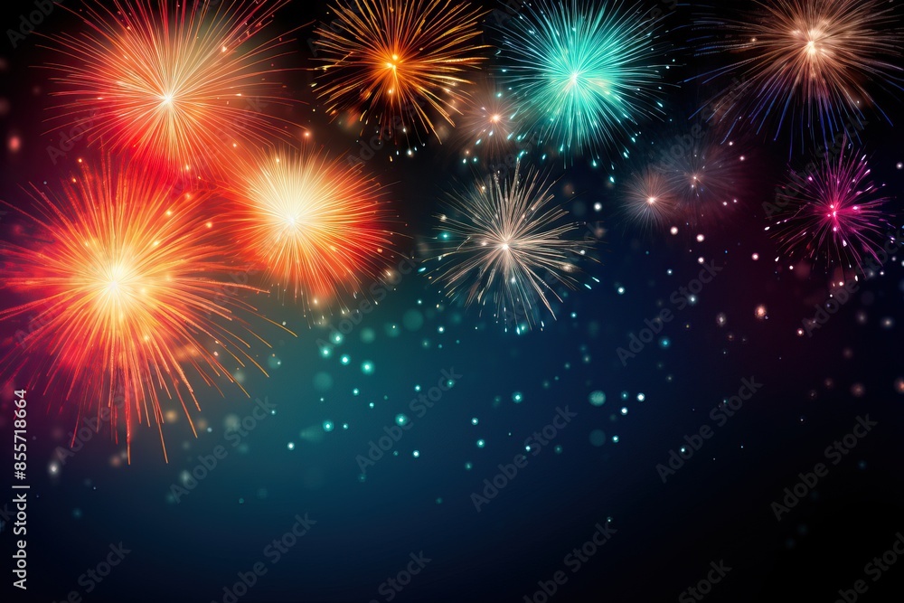 Big explosions of blue, yellow, red and pink fireworks on a black background. Big explosions of blue, yellow, red and pink fireworks on a black background.