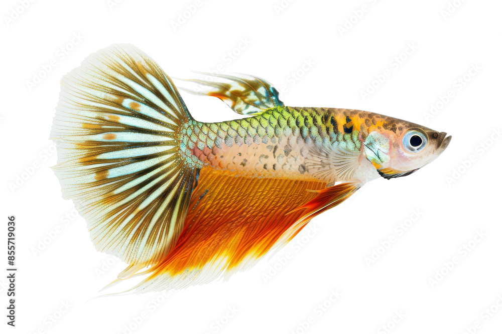 A colorful Guppy with flowing fins swims alone in a bright white space A colorful Guppy with flowing fins swims alone in a bright white space