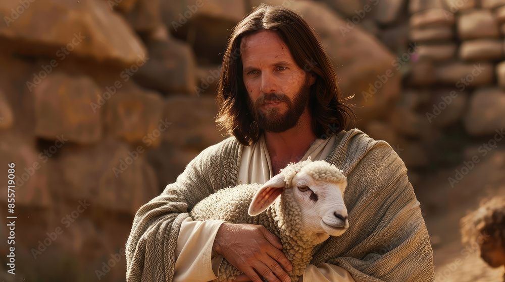 Portrait of Jesus Christ with sheep in the desert, looking at camera Portrait of Jesus Christ with sheep in the desert, looking at camera