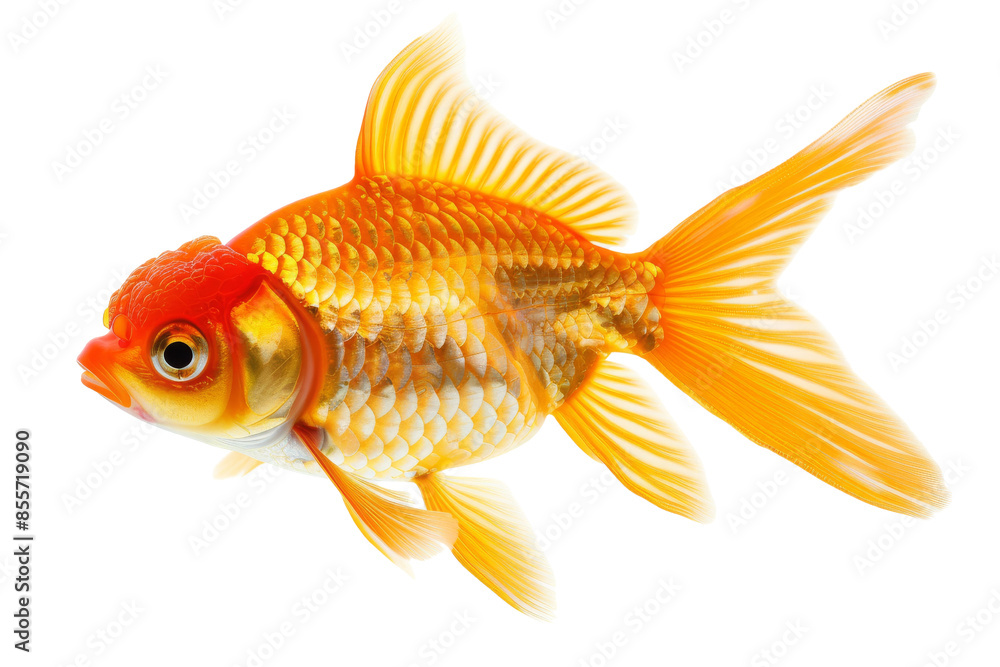 A goldfish swims alone against a plain isolated on white background A goldfish swims alone against a plain isolated on white background