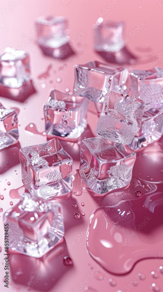 Macro shot of frozen ice cubes with water drops on a bright pink background, a colorful and fresh scene. Macro shot of frozen ice cubes with water drops on a bright pink background, a colorful and fresh scene.