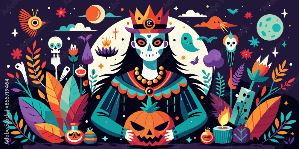 Join a colorful Halloween celebration featuring the artistic Skeleton Queen in a vibrant atmosphere Join a colorful Halloween celebration featuring the artistic Skeleton Queen in a vibrant atmosphere