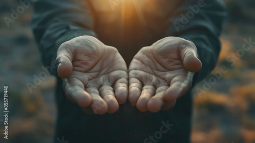 Hands of a man in a gray jacket on a background of the setting sun