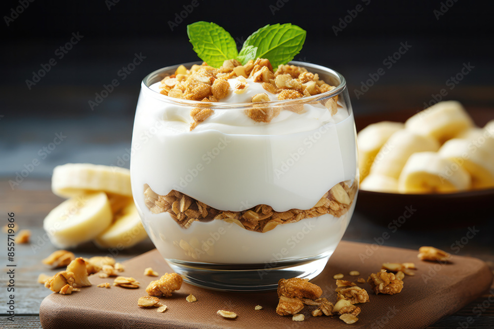 A close-up of a delicious yogurt parfait with granola, banana slices, and a sprig of mint A close-up of a delicious yogurt parfait with granola, banana slices, and a sprig of mint
