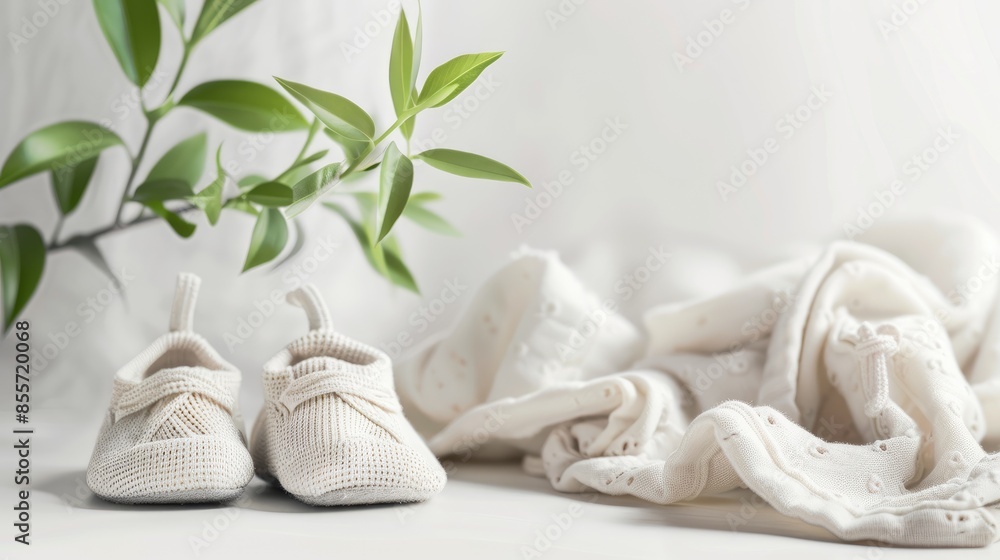 stuffed baby shoes atop folded neutral-colored clothes against a white background, accented with a plant and empty space, evoking a serene baby concept. stuffed baby shoes atop folded neutral-colored clothes against a white background, accented with a plant and empty space, evoking a serene baby concept.