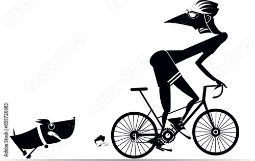 Angry dog and cyclist man. 
Frightened cyclist escapes from the angry dog. Black and white illustration
