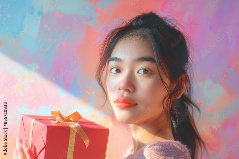 Portrait of a glad asian woman in her 20s holding a gift while standing against pastel or soft colors background Portrait of a glad asian woman in her 20s holding a gift while standing against pastel or soft colors background