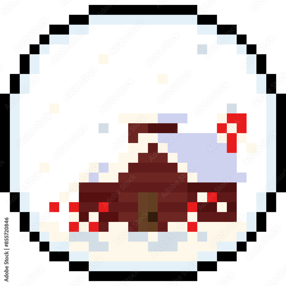 Fotografie Pixel art cabin inside circle ball with snow icon