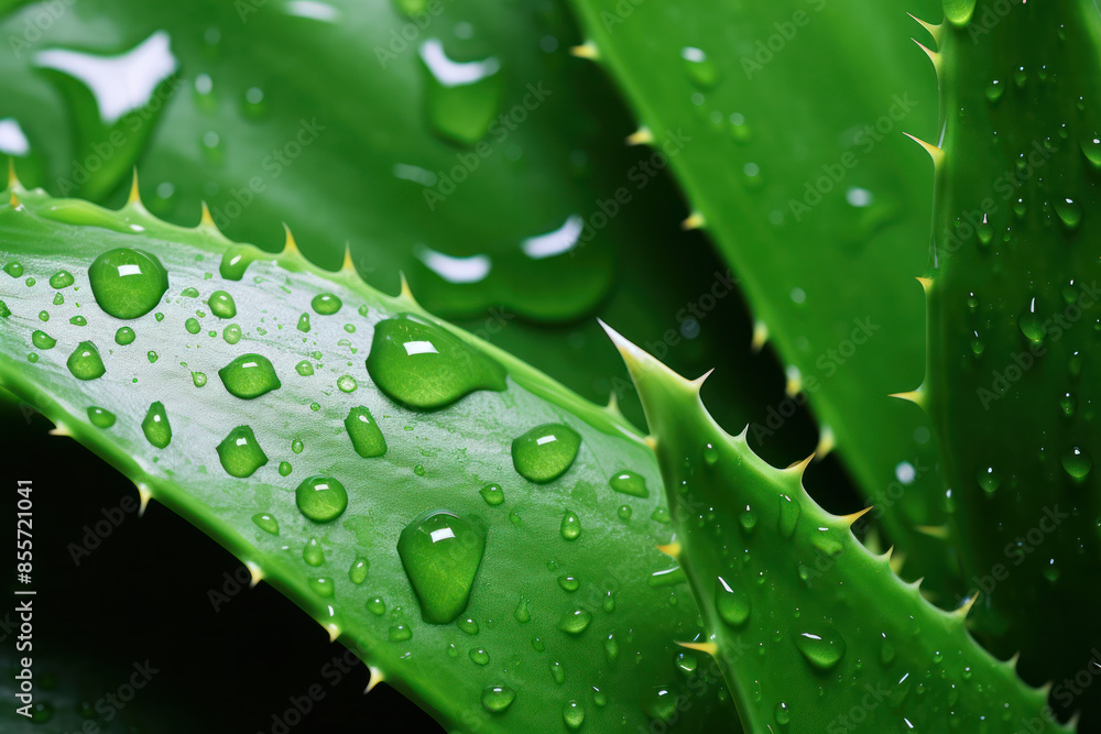 A close-up image of a green aloe vera leaf with dew drops resting on its surface, highlighting the plants spiky texture A close-up image of a green aloe vera leaf with dew drops resting on its surface, highlighting the plants spiky texture