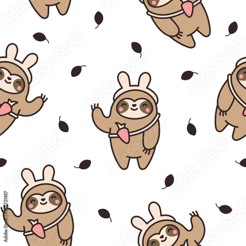 Cute kawaii sloth character. Seamless pattern. Cartoon funny wild animal. Hand drawn style. Vector drawing. Design ornaments.