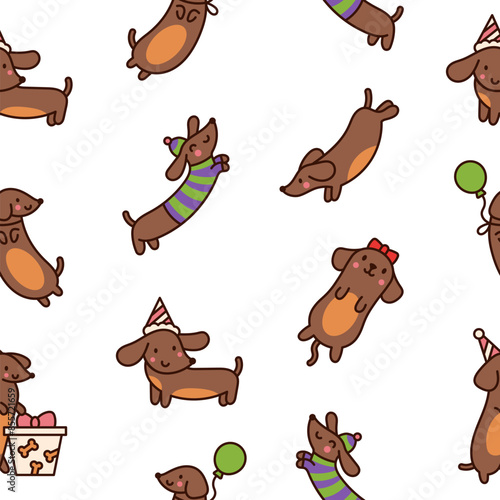 Happy kawaii dachshund. Seamless pattern. Cute cartoon dog characters. Hand drawn style. Vector drawing. Design ornaments.