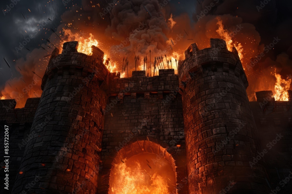 Burning medieval castle in a fiery apocalyptic scene Burning medieval castle in a fiery apocalyptic scene