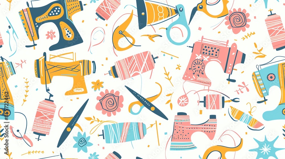 Design a seamless pattern featuring sewing and quilting motifs like fabrics, scissors, and sewing machines Design a seamless pattern featuring sewing and quilting motifs like fabrics, scissors, and sewing machines
