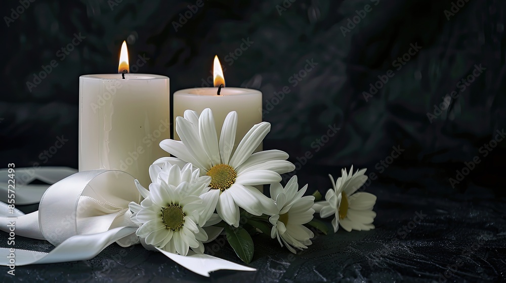 a white candle surrounded by white chrysanthemum flowers and a silver ribbon against a black background, ideal for book or magazine cover design. a white candle surrounded by white chrysanthemum flowers and a silver ribbon against a black background, ideal for book or magazine cover design.