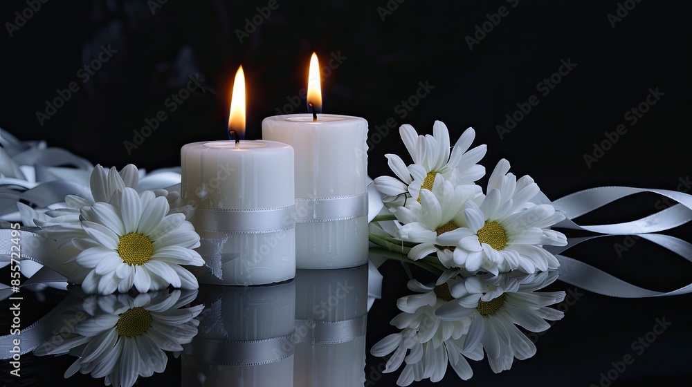 a white candle surrounded by white chrysanthemum flowers and a silver ribbon against a black background, ideal for book or magazine cover design. a white candle surrounded by white chrysanthemum flowers and a silver ribbon against a black background, ideal for book or magazine cover design.