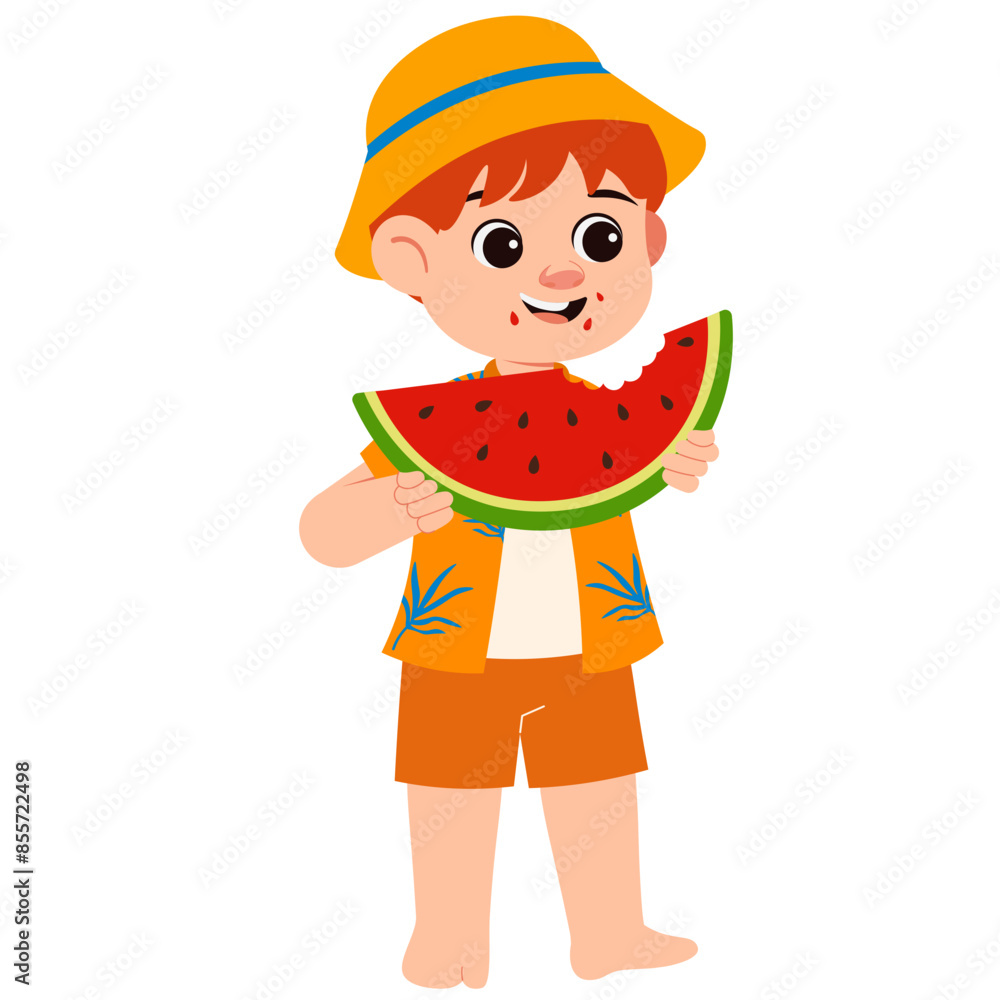 Summer Boy Is Eating Watermelon Illustration Summer Boy Is Eating Watermelon Illustration