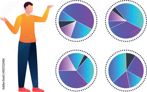 Boy is showing various pie charts of analytics.