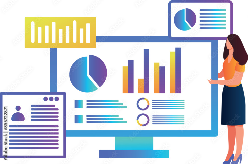 Girl is showing business pie chart on monitor. Girl is showing business pie chart on monitor.
