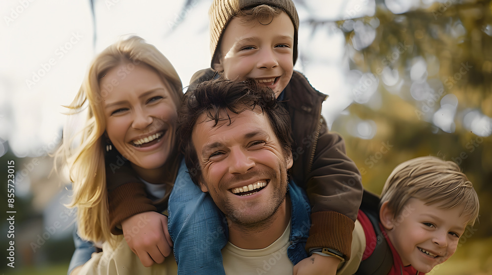 Couple giving two young children piggyback rides smiling Couple giving two young children piggyback rides smiling