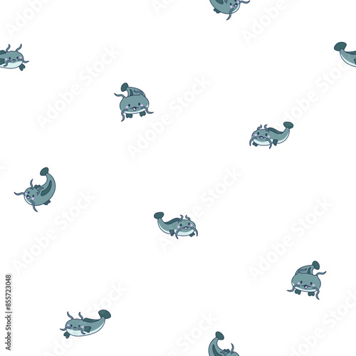 Cute kawaii catfish in different poses. Seamless pattern. Funny cartoon aquatic animal character. Hand drawn style. Vector drawing. Design ornaments.