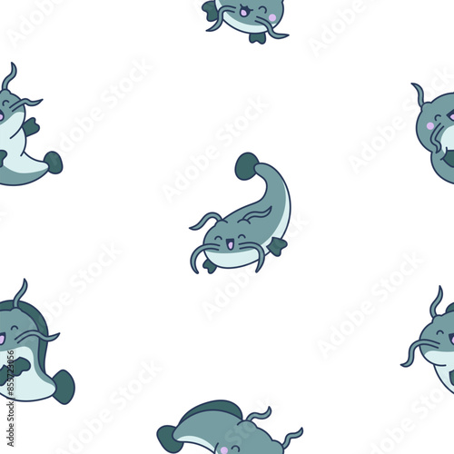 Cute kawaii catfish in different poses. Seamless pattern. Funny cartoon aquatic animal character. Hand drawn style. Vector drawing. Design ornaments.