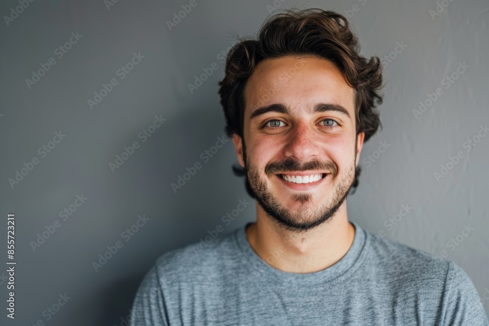 Obraz premium Portrait of a satisfied man in his 30s smiling at the camera while standing against minimalist or empty room background
