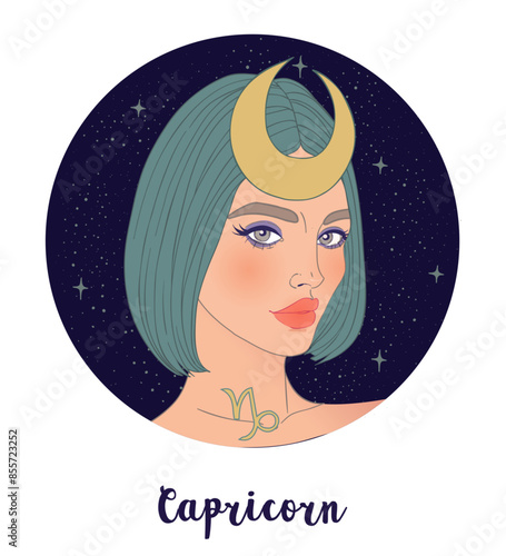 Illustration of Capricorn astrological sign as a beautiful girl. Zodiac vecto...