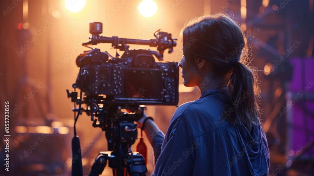 Behind the scene. Female cameraman shooting the film scene with camera in film studio Behind the scene. Female cameraman shooting the film scene with camera in film studio