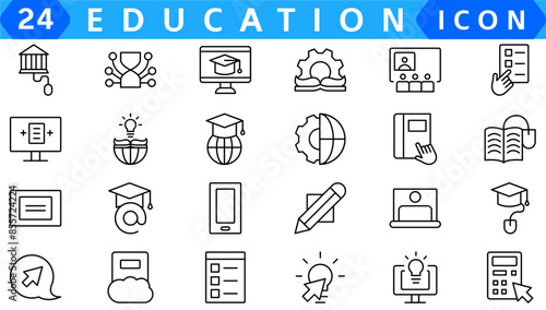 Education and Learning web icons in line style. School, university, textbook, learning. Vector illustration.