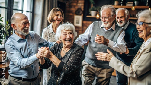 Smiley happy seniors dancing and having fun celebrating party in nursing home, elderly people enjoying a lively social activity gathering 