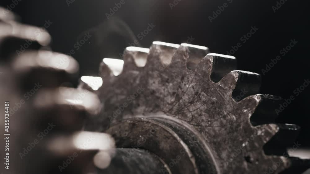 Two rotating metal gears. Gear movement. A moving part of an engine or transmission. Part of a factory conveyor. Two rotating metal gears. Gear movement. A moving part of an engine or transmission. Part of a factory conveyor.