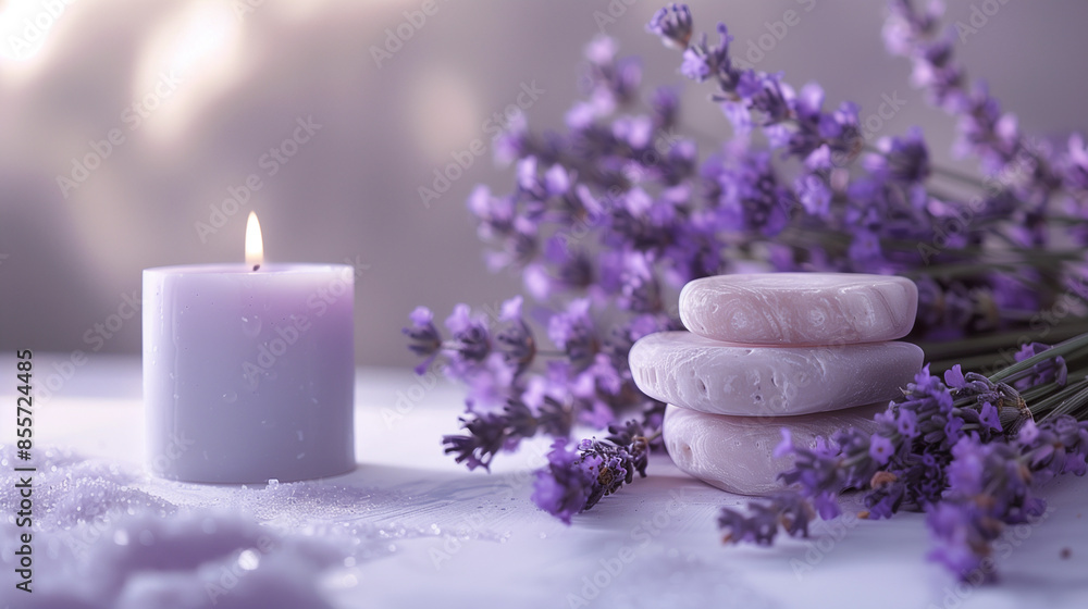 Lavender Soap and Candle in Serene Spa Setting Lavender Soap and Candle in Serene Spa Setting