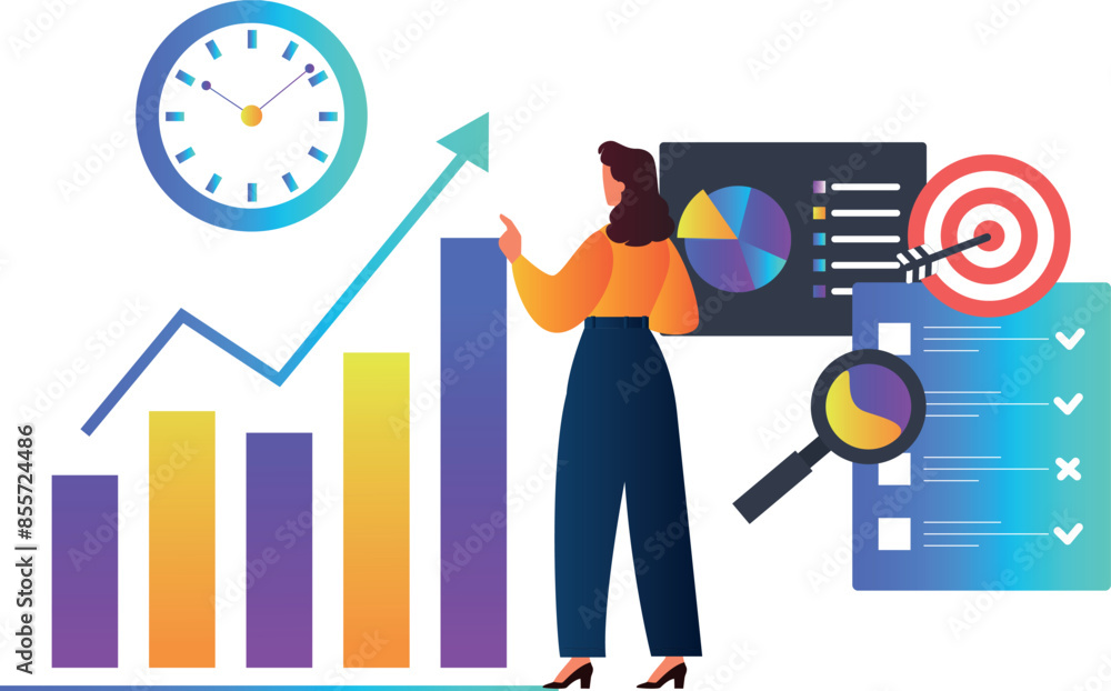 The girl is pointing at the business bar graph. The girl is pointing at the business bar graph.