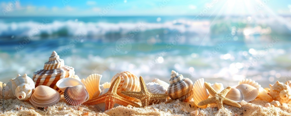 seashells on the seashore - beach holiday background, summer banner seashells on the seashore - beach holiday background, summer banner