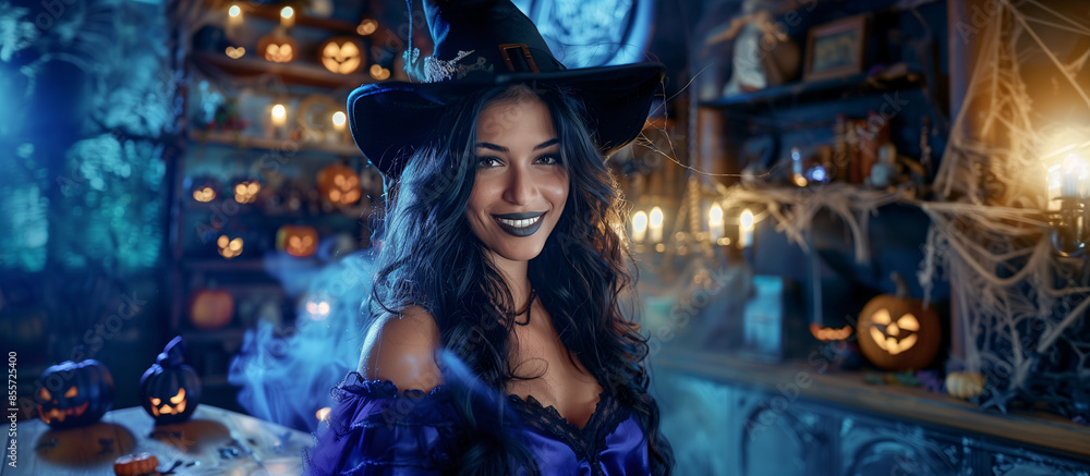 Fototapeta premium Beautiful Caucasian woman smiling dressed as a witch, inside a medieval-themed room with Halloween decorations, Jack-o'-lanterns, candles, mysterious smoke, copy space.