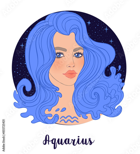 Illustration of Aquarius astrological sign as a beautiful girl. Zodiac vector...