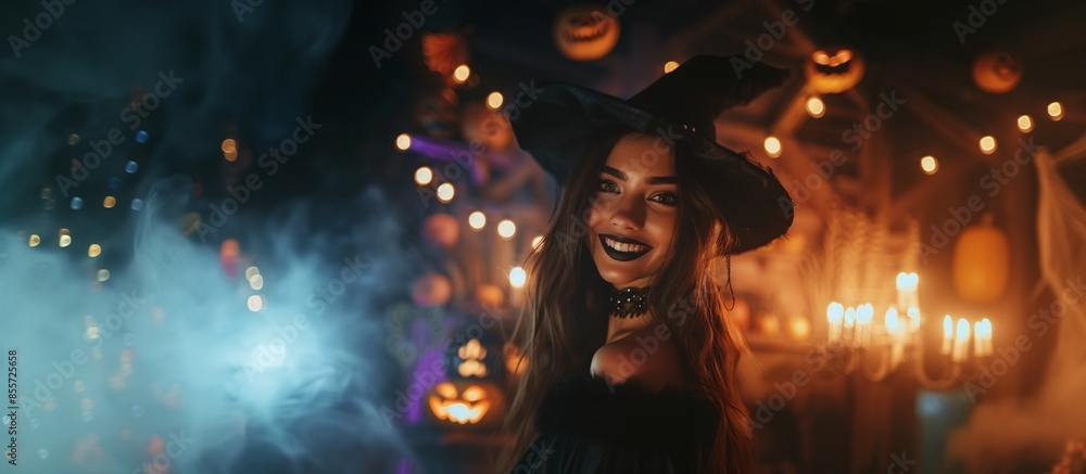 Beautiful Caucasian Woman Dressed as Witch Smiling, Bokeh Lights and Smoke, Halloween Night, Jack-o'-lanterns, Copy Space. Beautiful Caucasian Woman Dressed as Witch Smiling, Bokeh Lights and Smoke, Halloween Night, Jack-o'-lanterns, Copy Space.