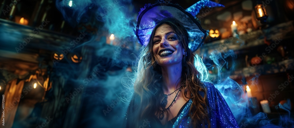 Beautiful Caucasian woman smiling dressed as a witch, inside a medieval-themed room with Halloween decorations, Jack-o'-lanterns, candles, mysterious smoke, copy space. Beautiful Caucasian woman smiling dressed as a witch, inside a medieval-themed room with Halloween decorations, Jack-o'-lanterns, candles, mysterious smoke, copy space.