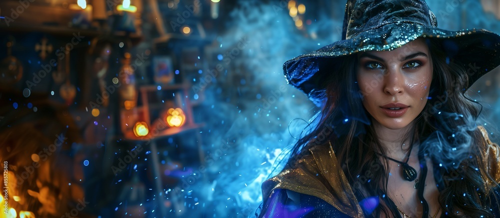 Beautiful Caucasian Woman Dressed as Witch, in a Medieval-Themed Room with Halloween Decorations, Jack-o'-lanterns, Candles, Mysterious Smoke, Copy Space. Beautiful Caucasian Woman Dressed as Witch, in a Medieval-Themed Room with Halloween Decorations, Jack-o'-lanterns, Candles, Mysterious Smoke, Copy Space.