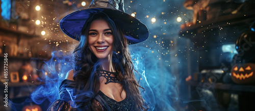 Beautiful Caucasian woman smiling dressed as a witch, inside a medieval-themed room with Halloween decorations, Jack-o'-lanterns, candles, mysterious smoke, copy space.