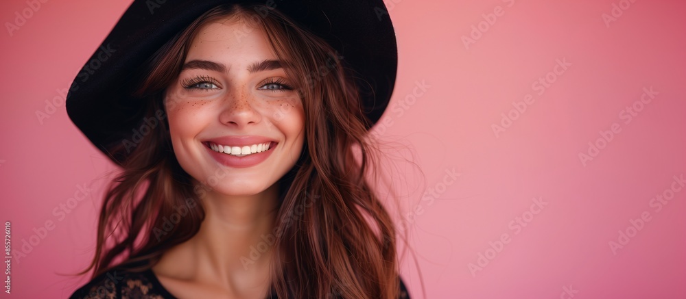 Beautiful Caucasian woman smiling dressed as a witch, Halloween concept, solid pink background, copy space. Beautiful Caucasian woman smiling dressed as a witch, Halloween concept, solid pink background, copy space.