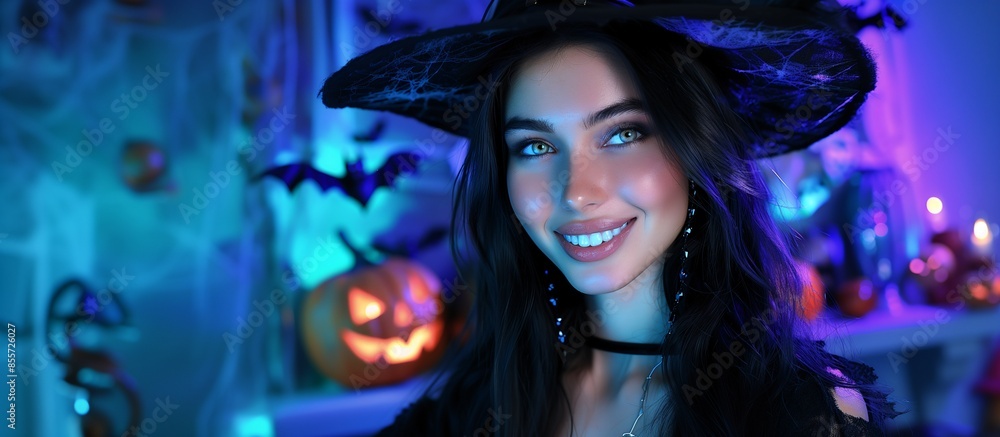 Caucasian beautiful woman smiling dressed as a witch, inside a Halloween-themed room with Jack-o'-lanterns, cobwebs, bats, copy space Caucasian beautiful woman smiling dressed as a witch, inside a Halloween-themed room with Jack-o'-lanterns, cobwebs, bats, copy space