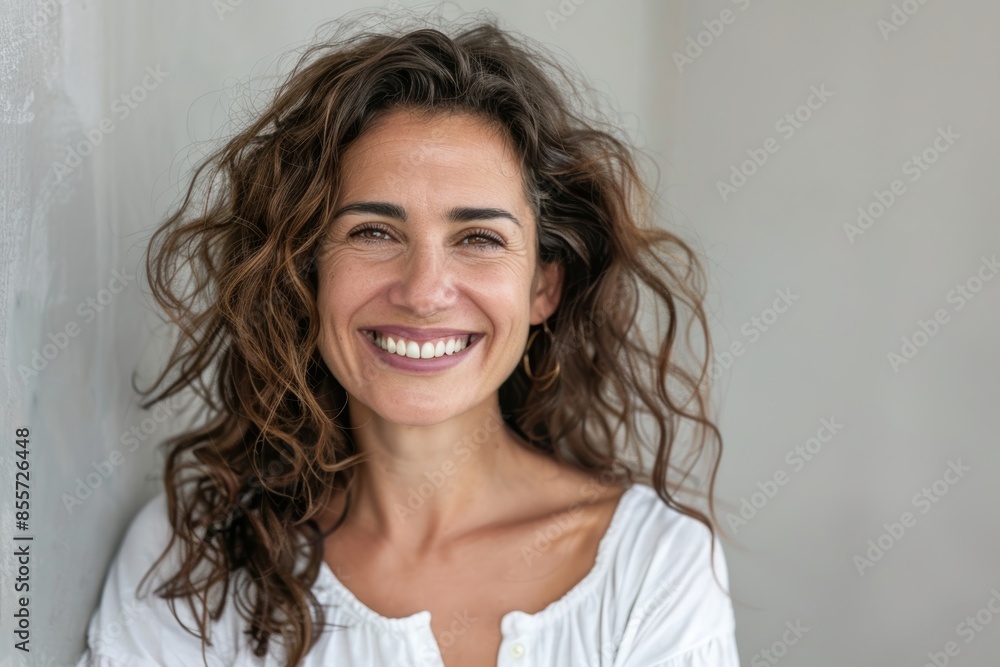 Portrait of a joyful woman in her 40s smiling at the camera on minimalist or empty room background Portrait of a joyful woman in her 40s smiling at the camera on minimalist or empty room background